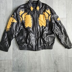 Stylish Black Leather Bomber Jacket with Yellow Details